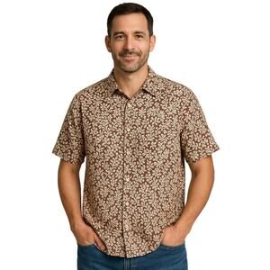 Eddie Bauer Men’s XXL Linen Blend Burgundy Floral Button Down Shirt Short Sleeve